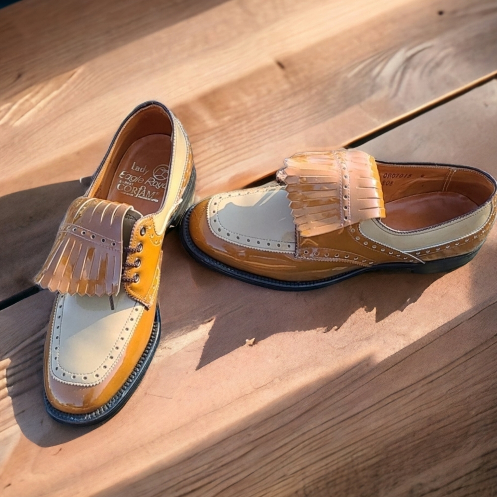VINTAGE DUPONT CORFAM LADY EAGLE Golf Cleats 7 Spectator Kiltie Wingtip Loafers - Picture 15 of 16